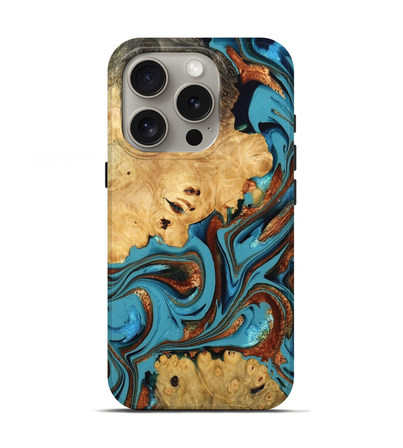 iPhone 16 Pro Wood Live Edge Phone Case - Ramona (Teal & Gold, 775965)