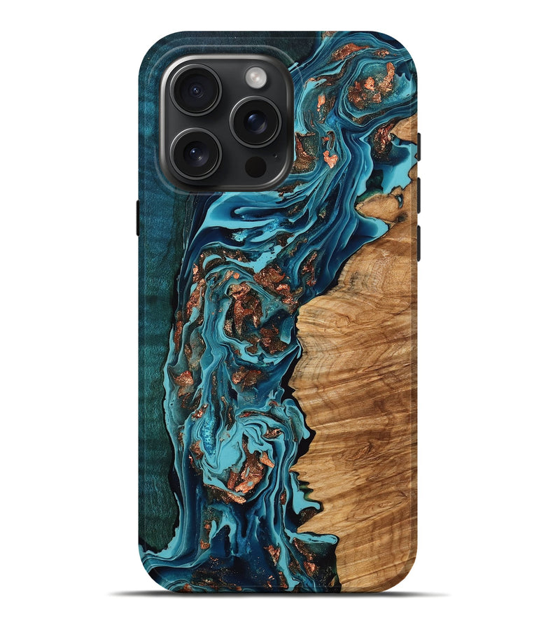 iPhone 16 Pro Max Wood Live Edge Phone Case - Janna (Teal & Gold, 776440)