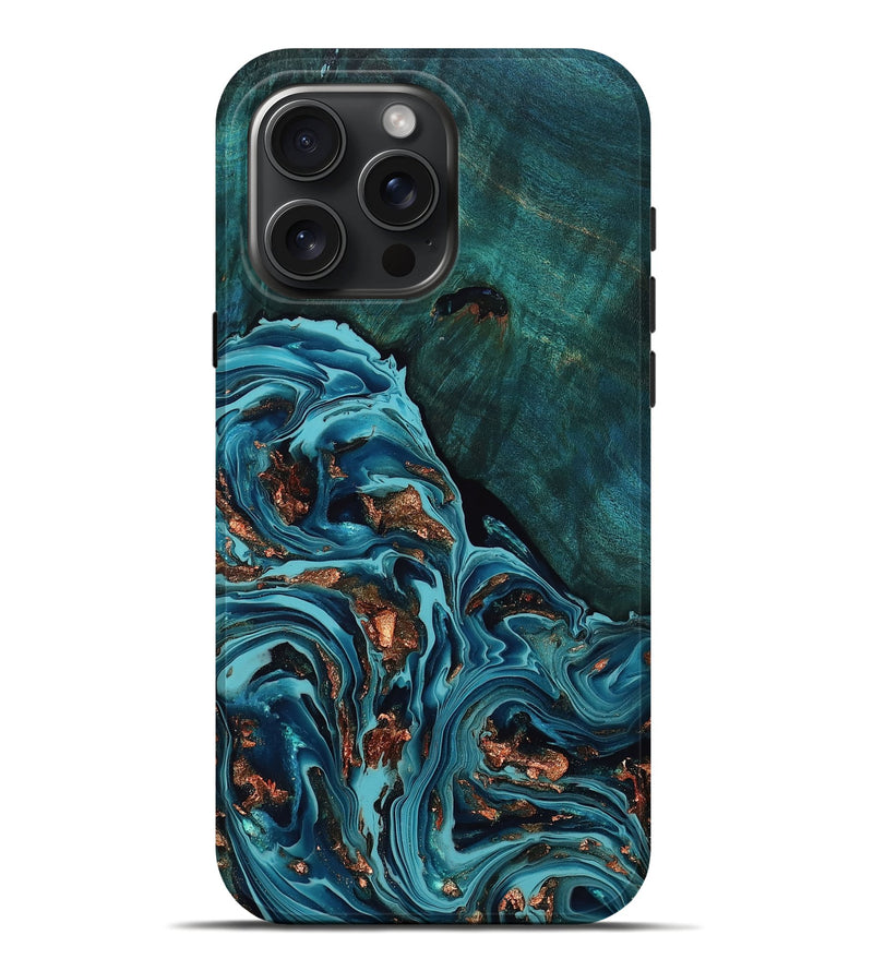 iPhone 16 Pro Max Wood Live Edge Phone Case - Lilia (Teal & Gold, 776441)