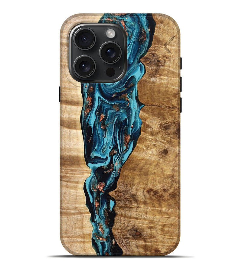 iPhone 16 Pro Max Wood Live Edge Phone Case - Dina (Teal & Gold, 776442)
