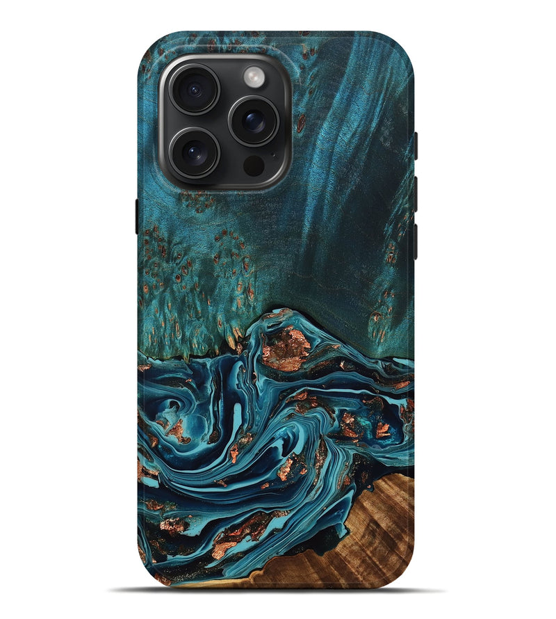 iPhone 16 Pro Max Wood Live Edge Phone Case - Kevon (Teal & Gold, 776443)