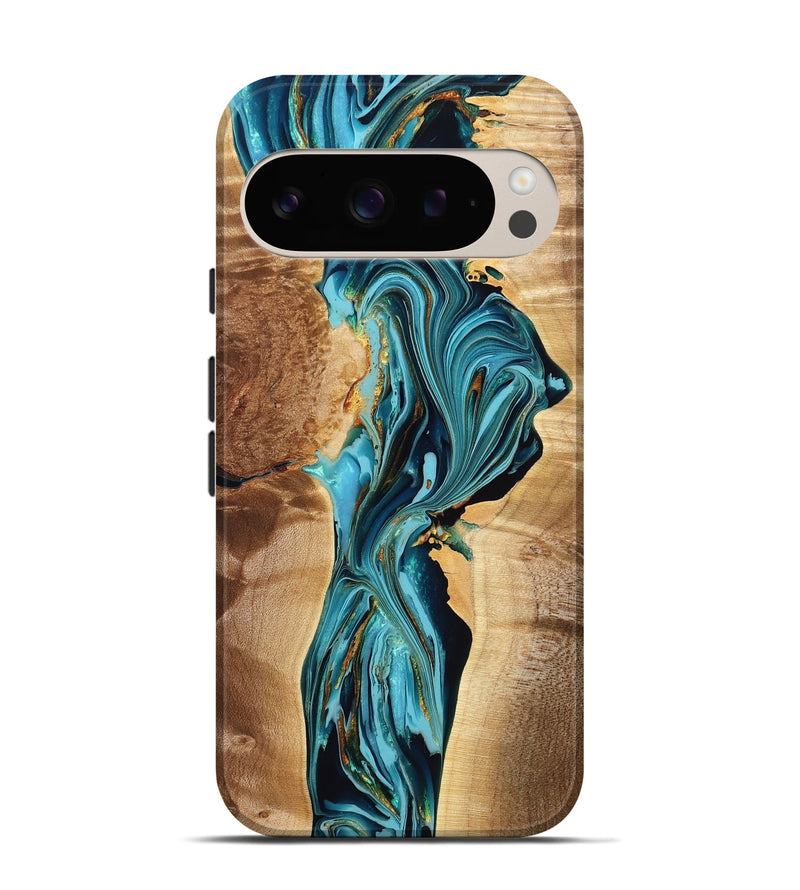 Pixel 9 Pro Wood Live Edge Phone Case - Taniyah (Teal & Gold, 776751)