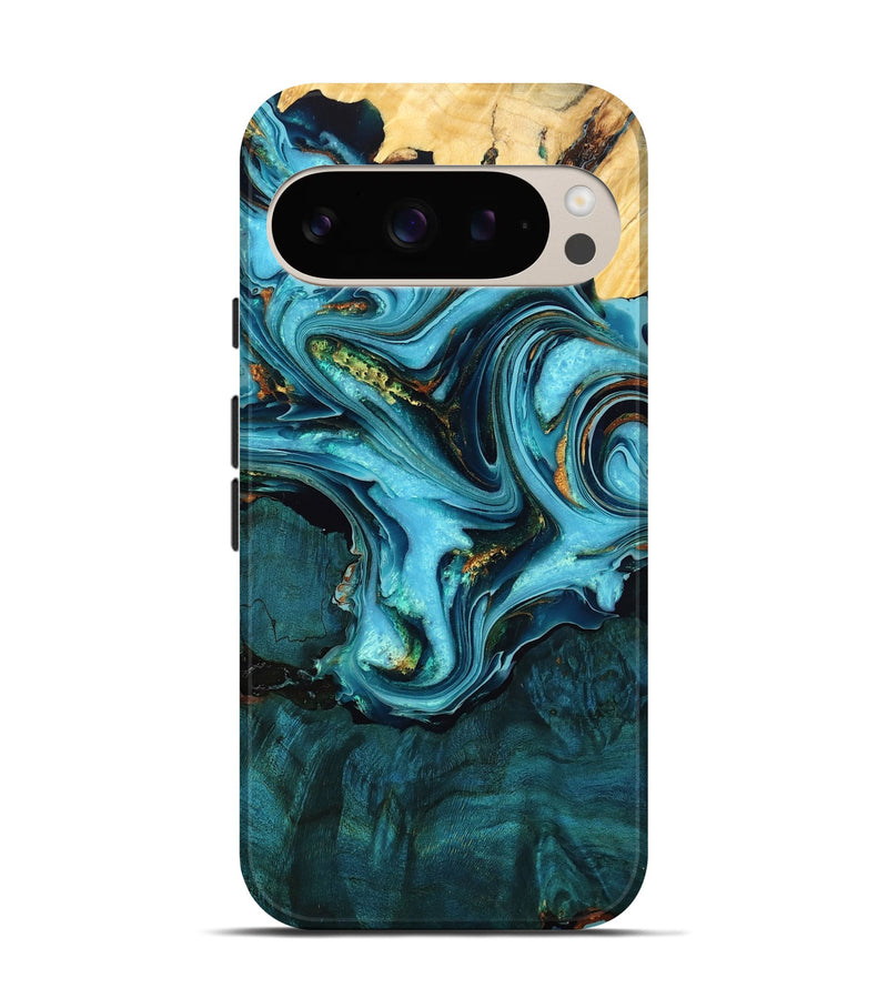 Pixel 9 Pro Wood Live Edge Phone Case - Katlin (Teal & Gold, 776752)
