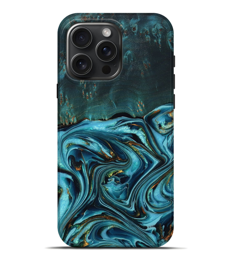 iPhone 16 Pro Max Wood Live Edge Phone Case - Herbert (Teal & Gold, 776753)