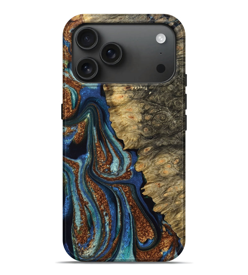 iPhone 17 Pro Max Wood Live Edge Phone Case - Joseph (Teal & Gold, 776865)