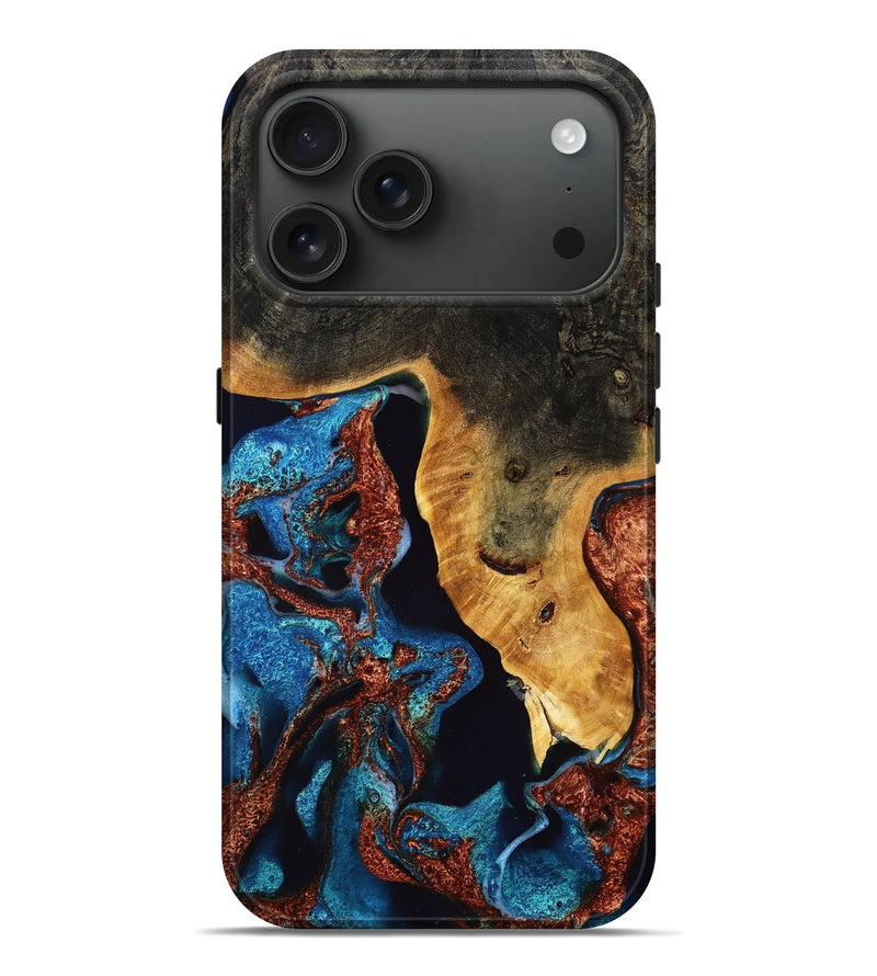 iPhone 17 Pro Max Wood Live Edge Phone Case - Baylor (Teal & Gold, 776888)