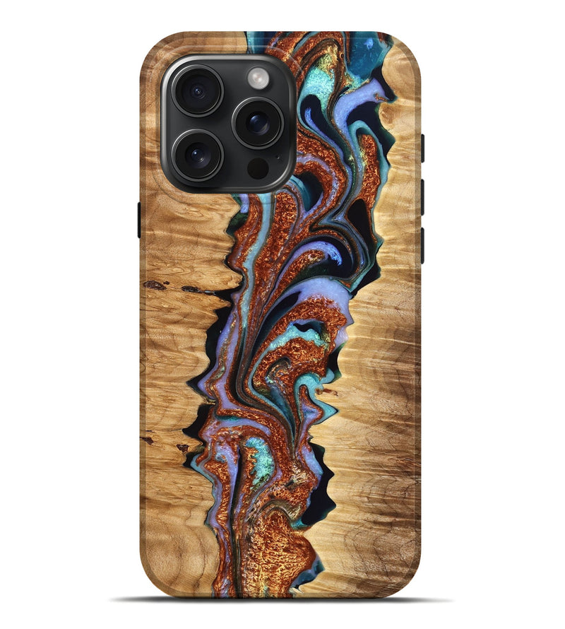 iPhone 16 Pro Max Wood Live Edge Phone Case - Amare (Teal & Gold, 776891)