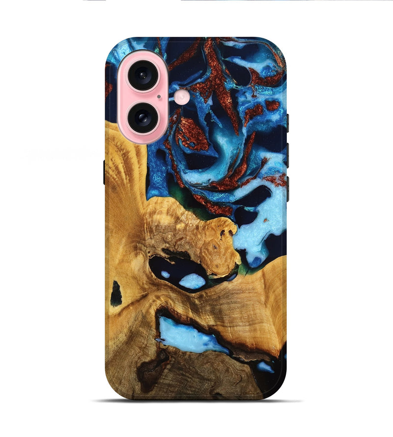 iPhone 16 Wood Live Edge Phone Case - Geralyn (Teal & Gold, 776892)
