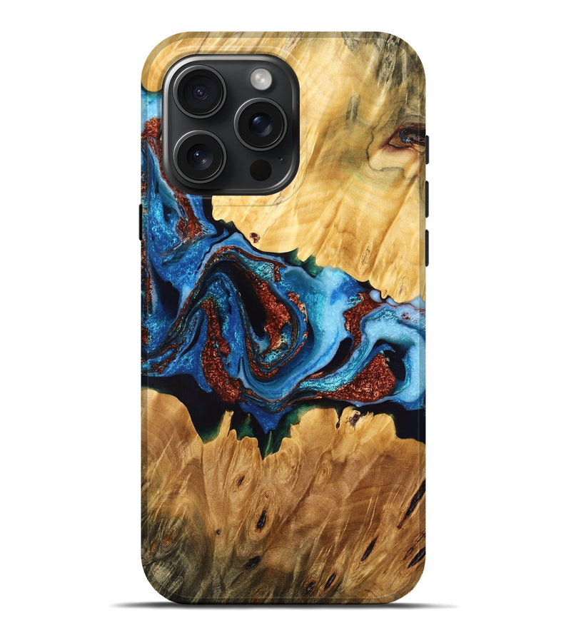 iPhone 16 Pro Max Wood Live Edge Phone Case - Ean (Teal & Gold, 776893)