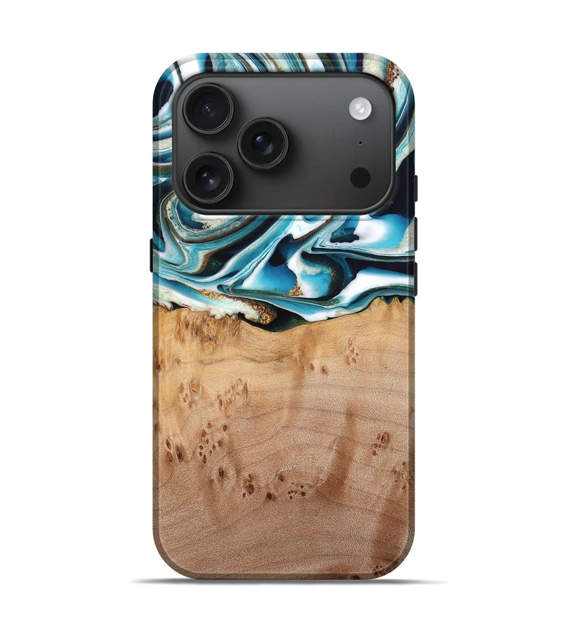 iPhone 17 Pro Wood Live Edge Phone Case - Brianne (Teal & Gold, 776933)