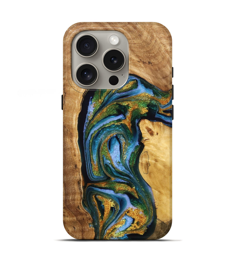 iPhone 16 Pro Wood Live Edge Phone Case - Coty (Teal & Gold, 776934)