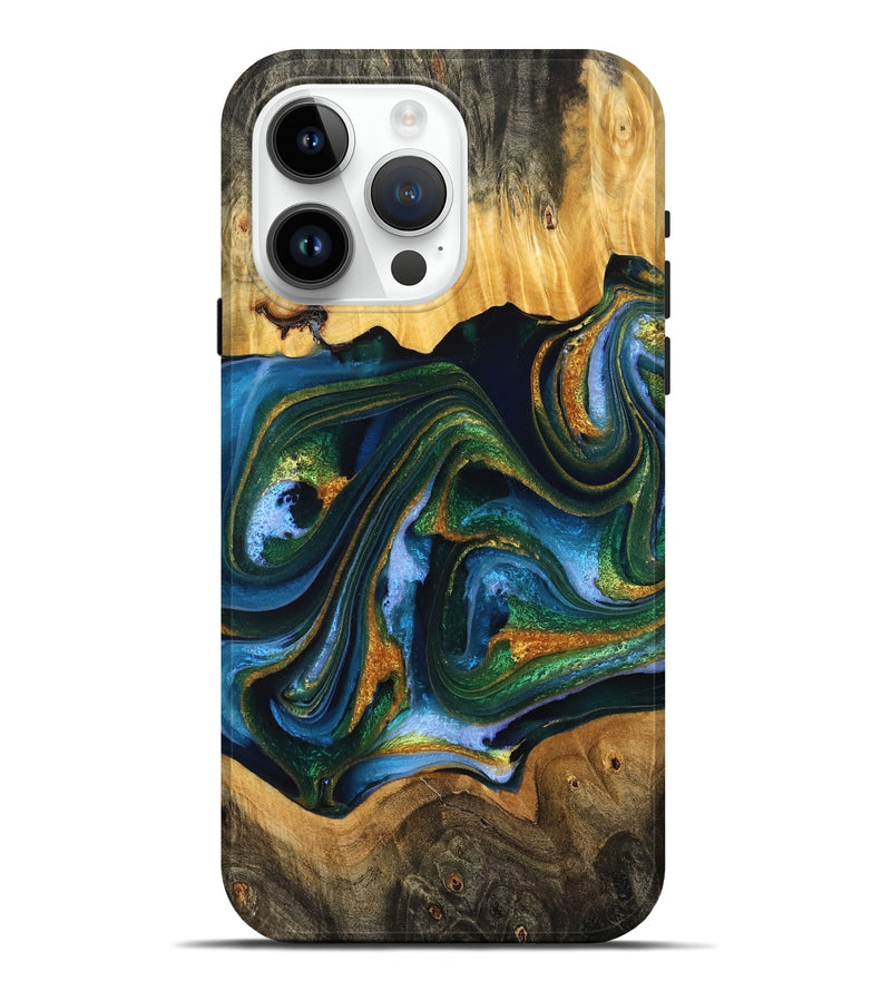 iPhone 15 Pro Max Wood Live Edge Phone Case - Aydin (Teal & Gold, 776936)