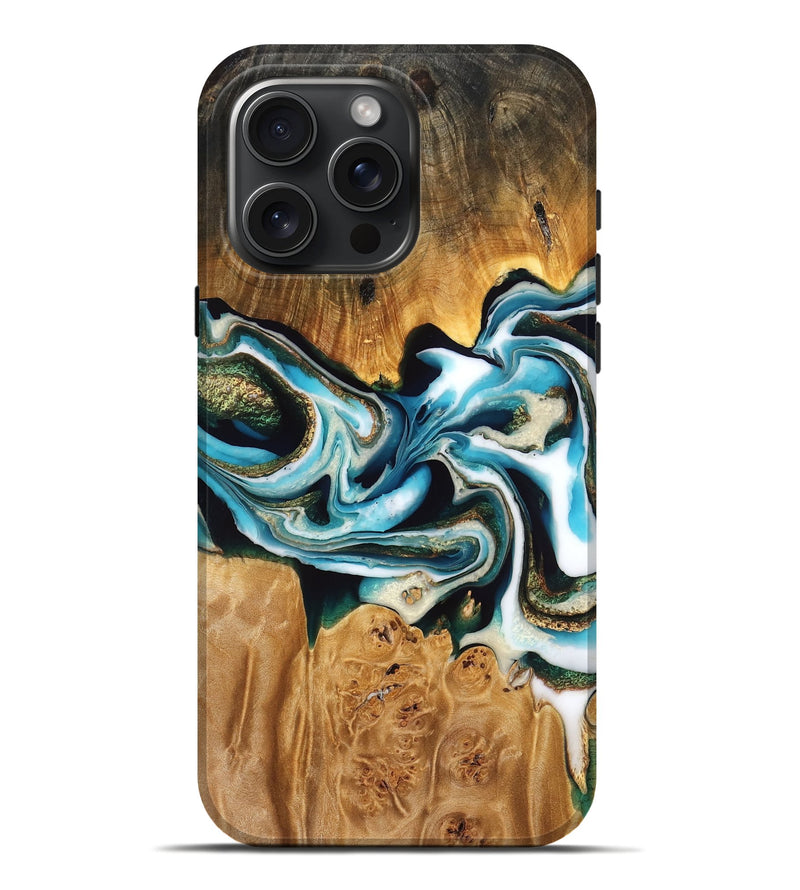 iPhone 16 Pro Max Wood Live Edge Phone Case - Signe (Teal & Gold, 776937)