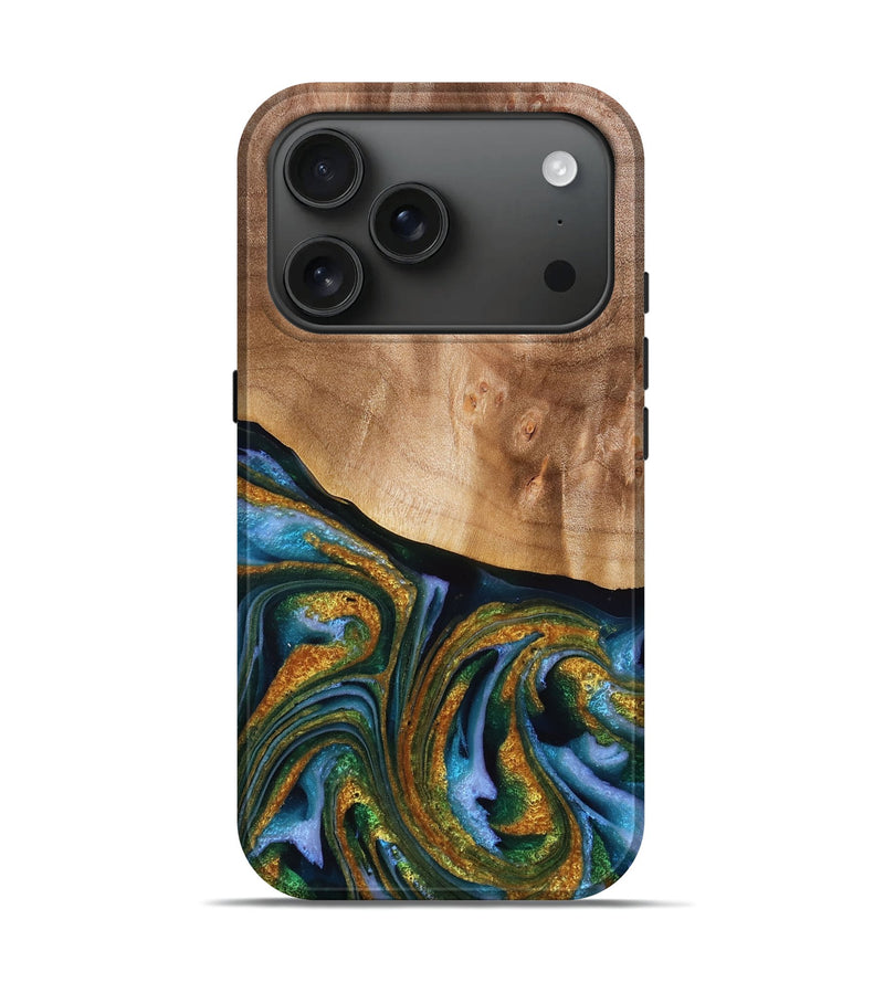 iPhone 17 Pro Wood Live Edge Phone Case - Jamel (Teal & Gold, 776938)