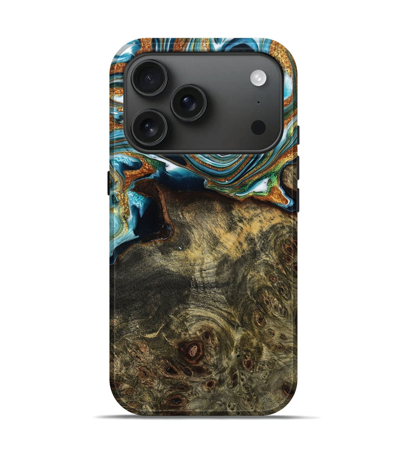 iPhone 17 Pro Wood Live Edge Phone Case - Ayla (Teal & Gold, 777382)