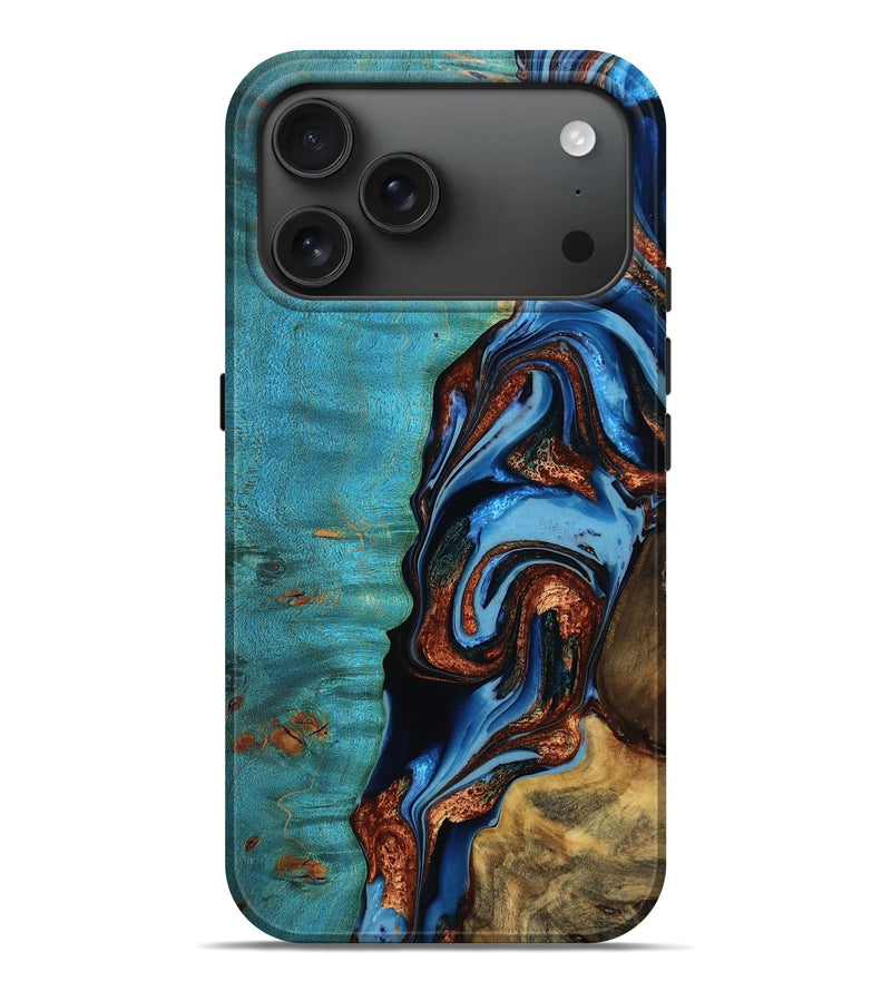iPhone 17 Pro Max Wood Live Edge Phone Case - Ledger (Teal & Gold, 777383)