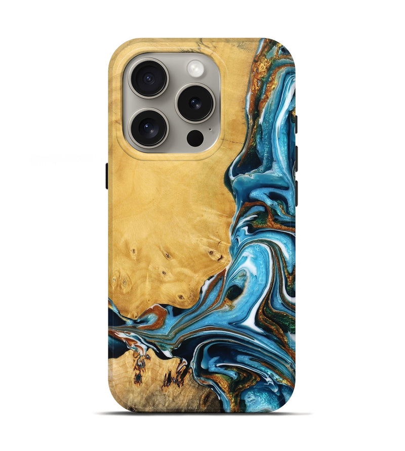 iPhone 16 Pro Wood Live Edge Phone Case - Zeke (Teal & Gold, 777384)