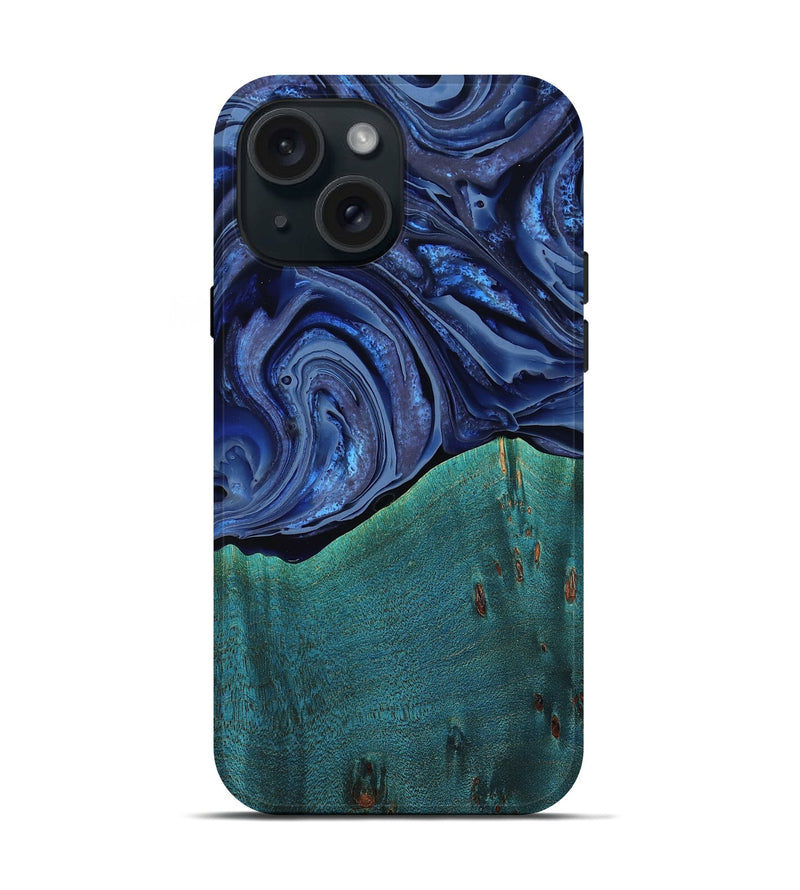 iPhone 15 Wood Live Edge Phone Case - Gracie (Blue, 777390)