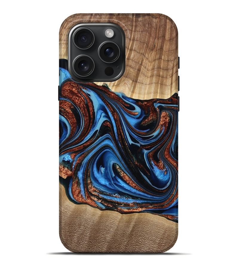 iPhone 16 Pro Max Wood Live Edge Phone Case - Elaine (Teal & Gold, 777398)