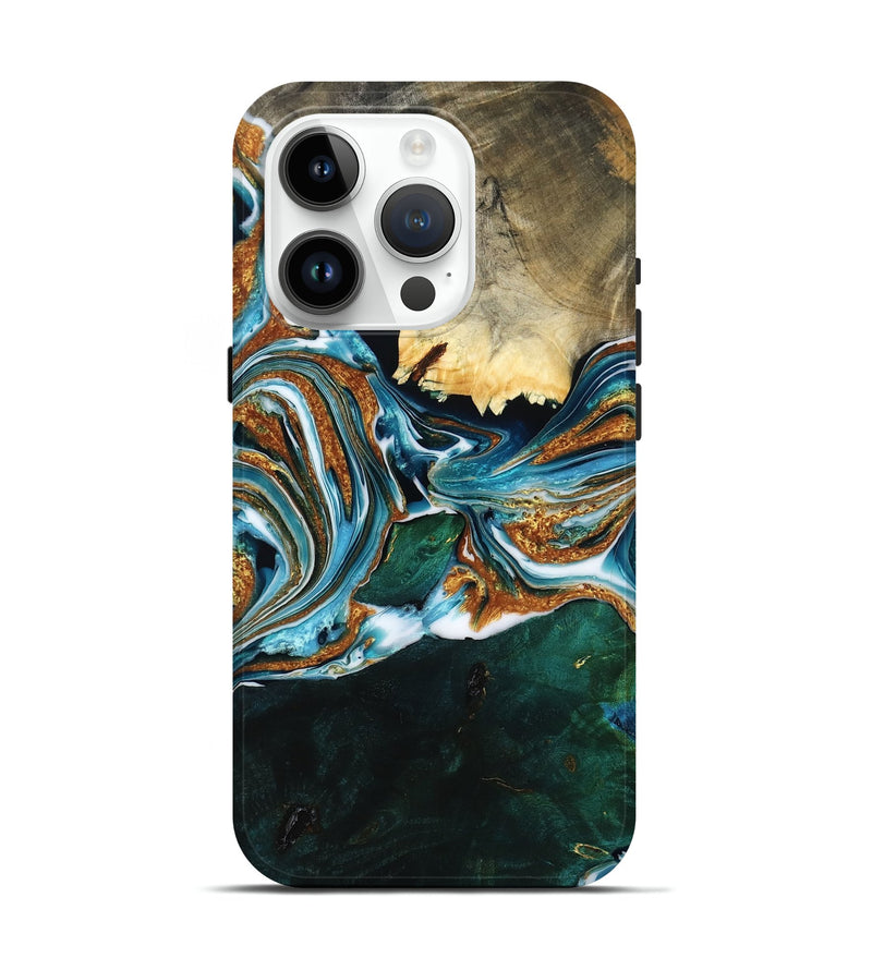 iPhone 15 Pro Wood Live Edge Phone Case - Nikolai (Teal & Gold, 777399)