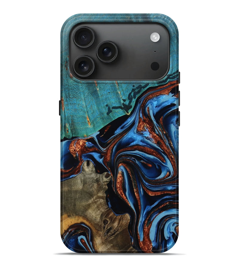 iPhone 17 Pro Max Wood Live Edge Phone Case - Elza (Teal & Gold, 777401)