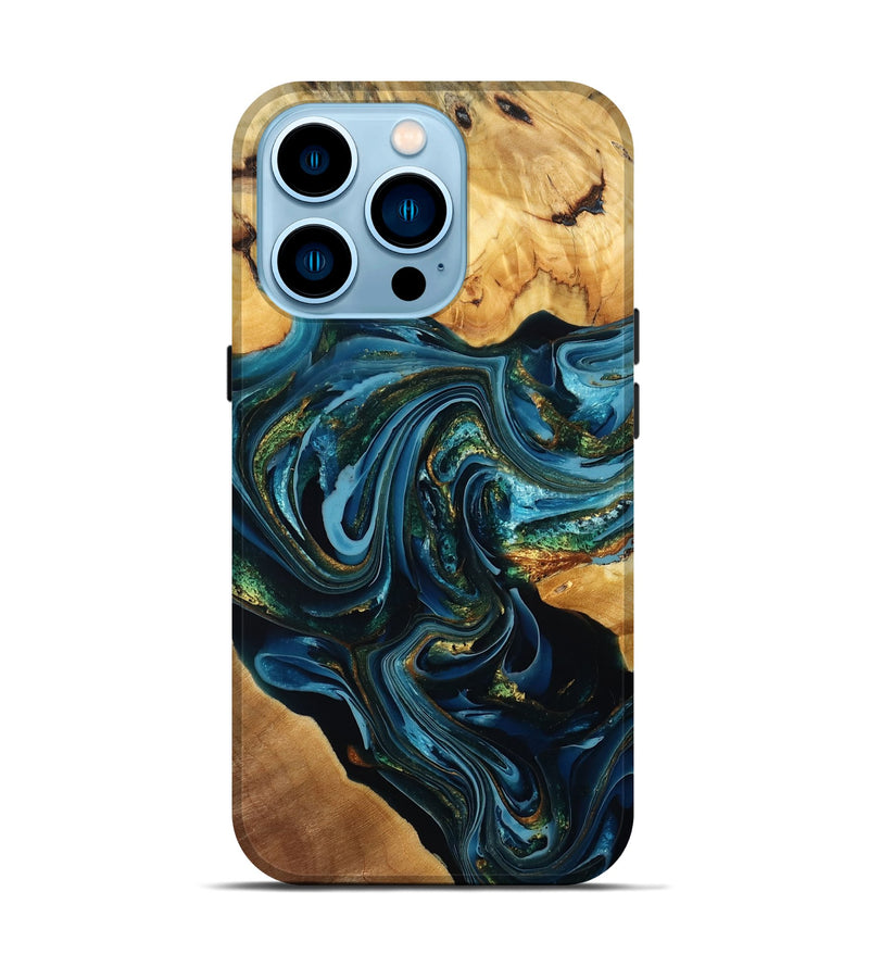 iPhone 14 Pro Wood Live Edge Phone Case - Heidi (Teal & Gold, 778080)