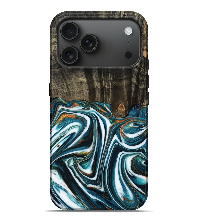 iPhone 17 Pro Max Wood Live Edge Phone Case - Jolie (Teal & Gold, 778081)