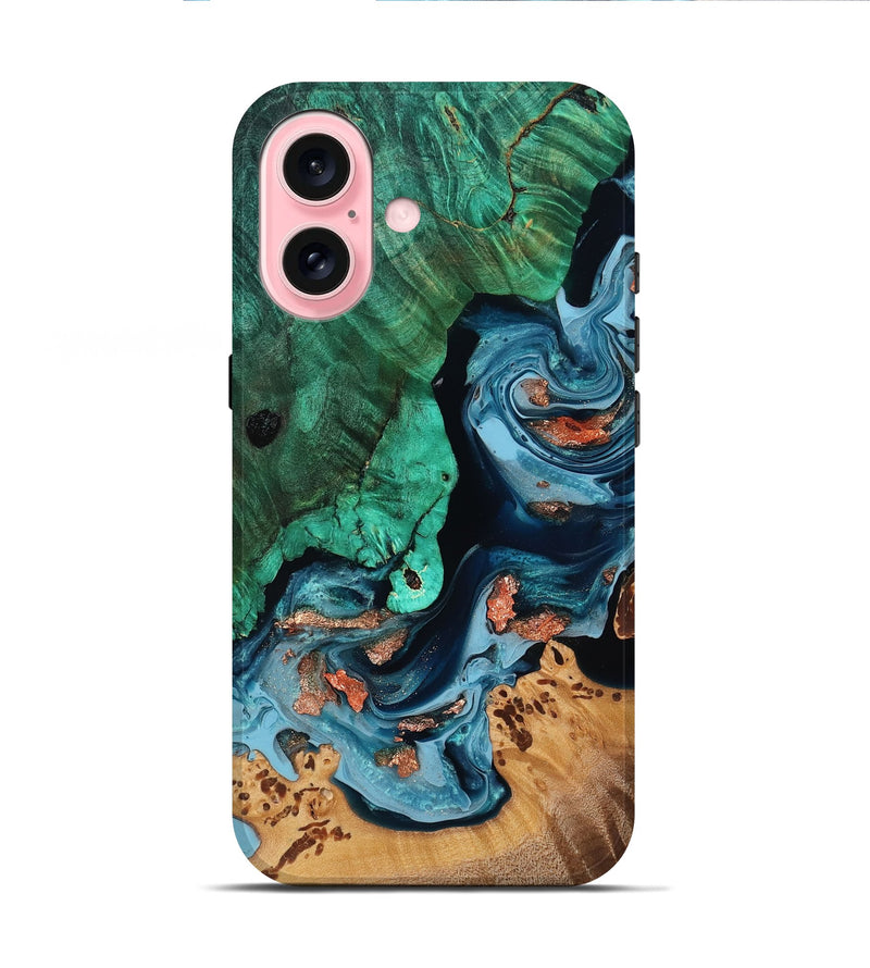 iPhone 16 Wood Live Edge Phone Case - Nella (Teal & Gold, 778083)