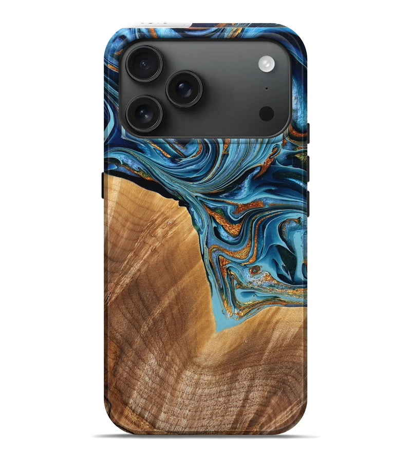 iPhone 17 Pro Max Wood Live Edge Phone Case - Jeremie (Teal & Gold, 778152)