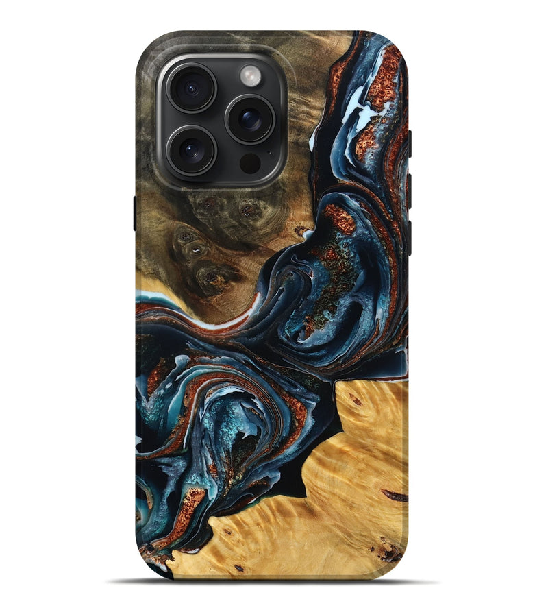 iPhone 16 Pro Max Wood Live Edge Phone Case - Camilla (Teal & Gold, 778153)