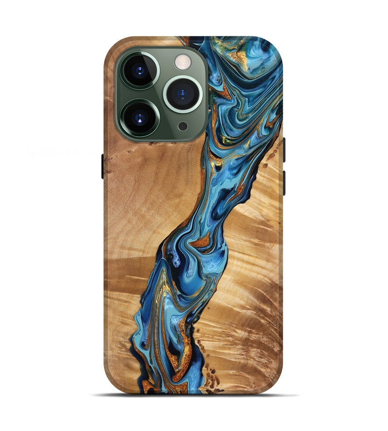 iPhone 13 Pro Wood Live Edge Phone Case - Lizbeth (Teal & Gold, 778154)