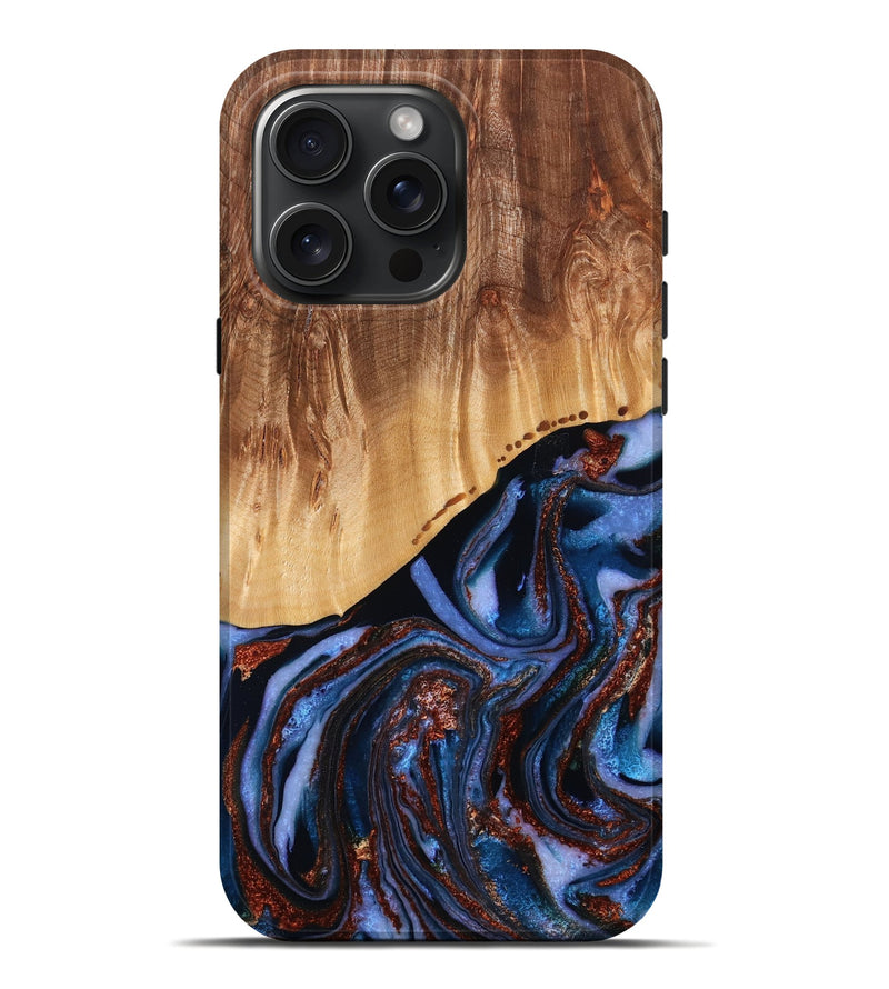iPhone 16 Pro Max Wood Live Edge Phone Case - Bethzy (Teal & Gold, 778516)