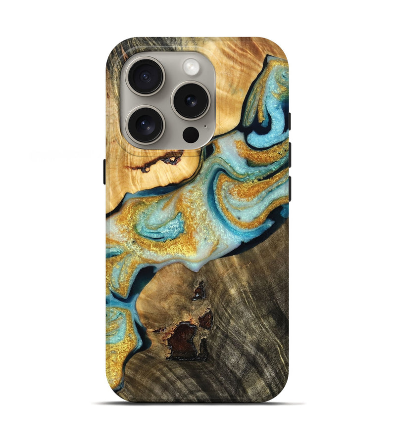 iPhone 16 Pro Wood Live Edge Phone Case - Daryl (Teal & Gold, 778517)