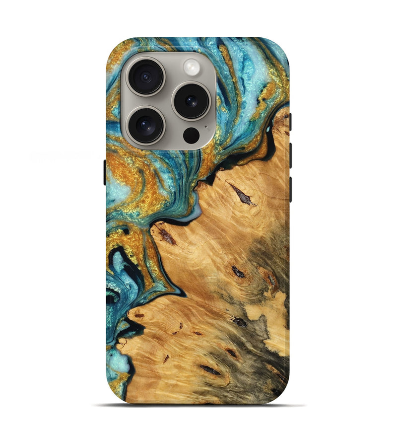 iPhone 16 Pro Wood Live Edge Phone Case - Ernest (Teal & Gold, 778519)