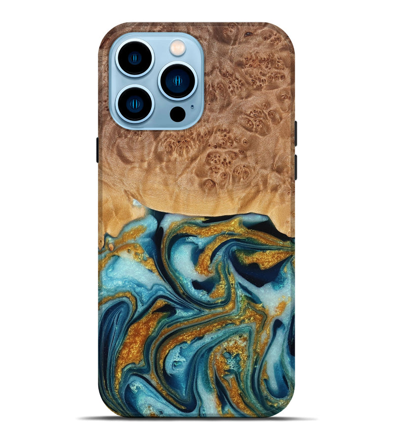 iPhone 14 Pro Max Wood Live Edge Phone Case - Ted (Teal & Gold, 778521)
