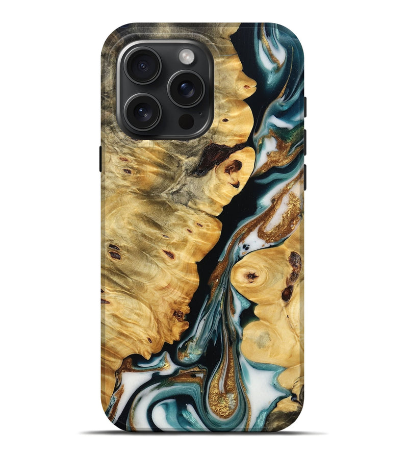 iPhone 16 Pro Max Wood Live Edge Phone Case - Everly (Teal & Gold, 778989)