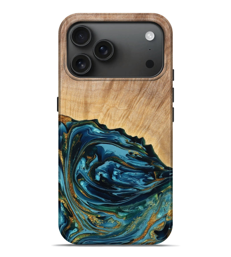 iPhone 17 Pro Max Wood Live Edge Phone Case - Albert (Teal & Gold, 778990)