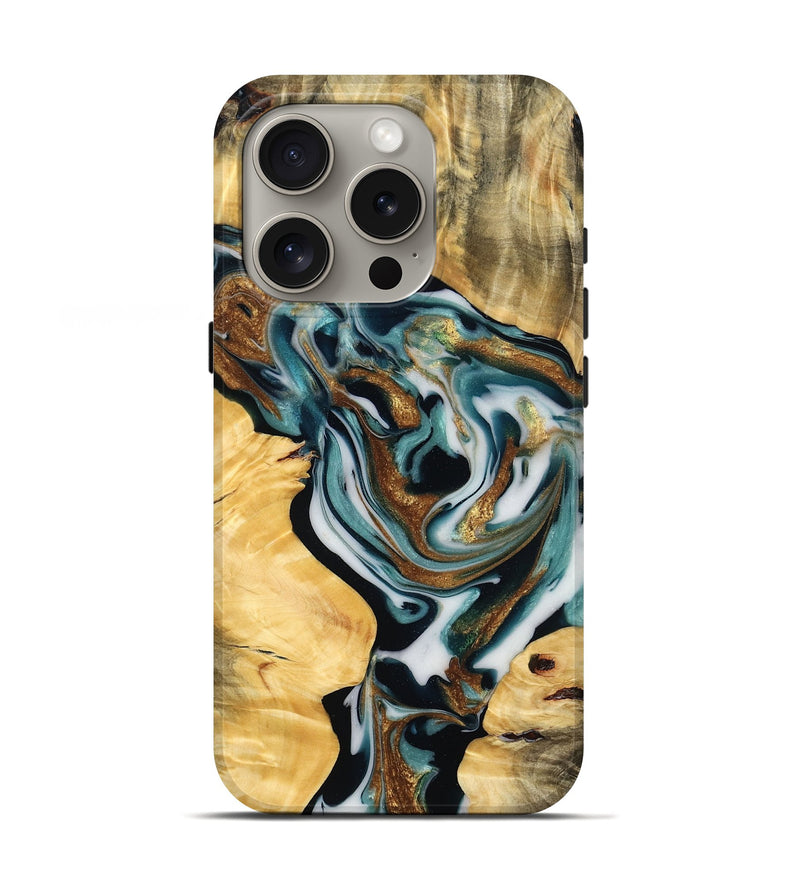 iPhone 16 Pro Wood Live Edge Phone Case - Andie (Teal & Gold, 778991)