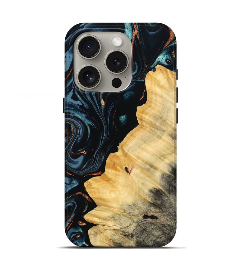 iPhone 16 Pro Wood Live Edge Phone Case - Shanika (Teal & Gold, 778994)