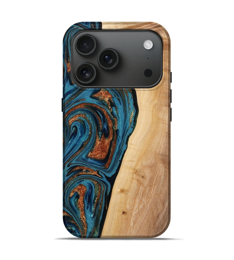 iPhone 17 Pro Wood Live Edge Phone Case - Beatriz (Teal & Gold, 778998)