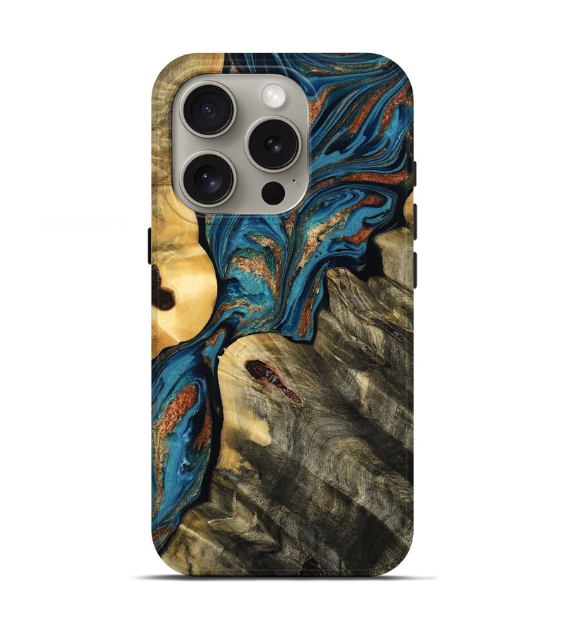 iPhone 16 Pro Wood Live Edge Phone Case - Colonel (Teal & Gold, 778999)