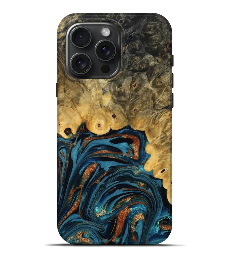 iPhone 16 Pro Max Wood Live Edge Phone Case - Nicky (Teal & Gold, 779003)
