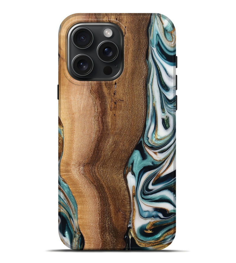 iPhone 16 Pro Max Wood Live Edge Phone Case - Akeelah (Teal & Gold, 779004)