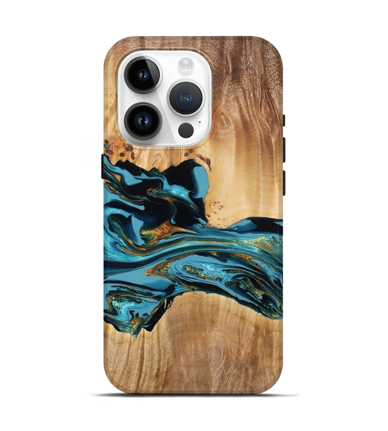 iPhone 15 Pro Wood Live Edge Phone Case - Kyan (Teal & Gold, 779005)