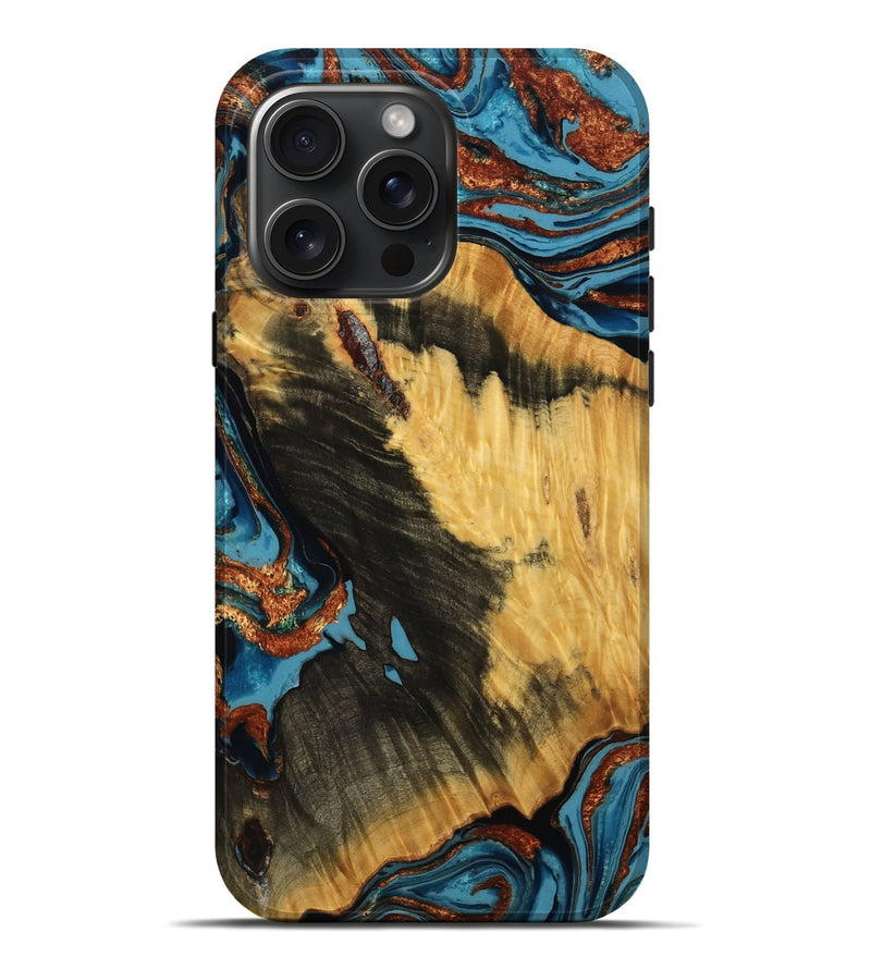 iPhone 16 Pro Max Wood Live Edge Phone Case - Keegan (Teal & Gold, 779763)