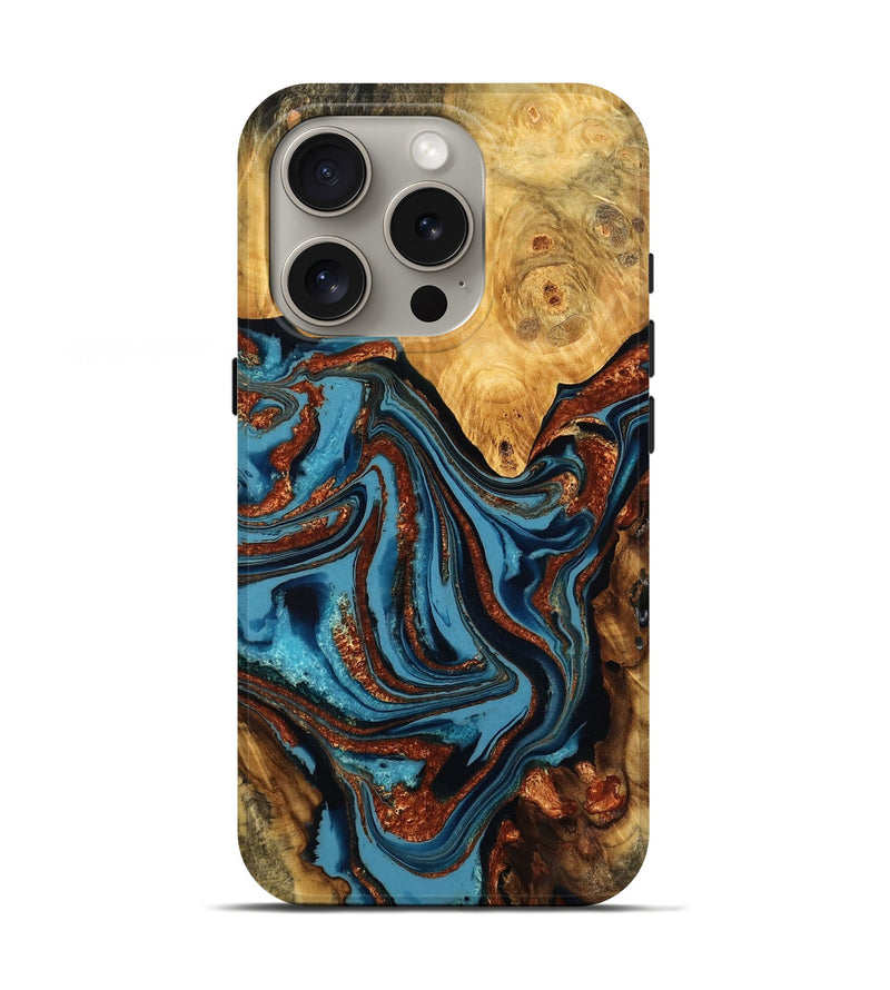 iPhone 16 Pro Wood Live Edge Phone Case - Fanny (Teal & Gold, 779764)