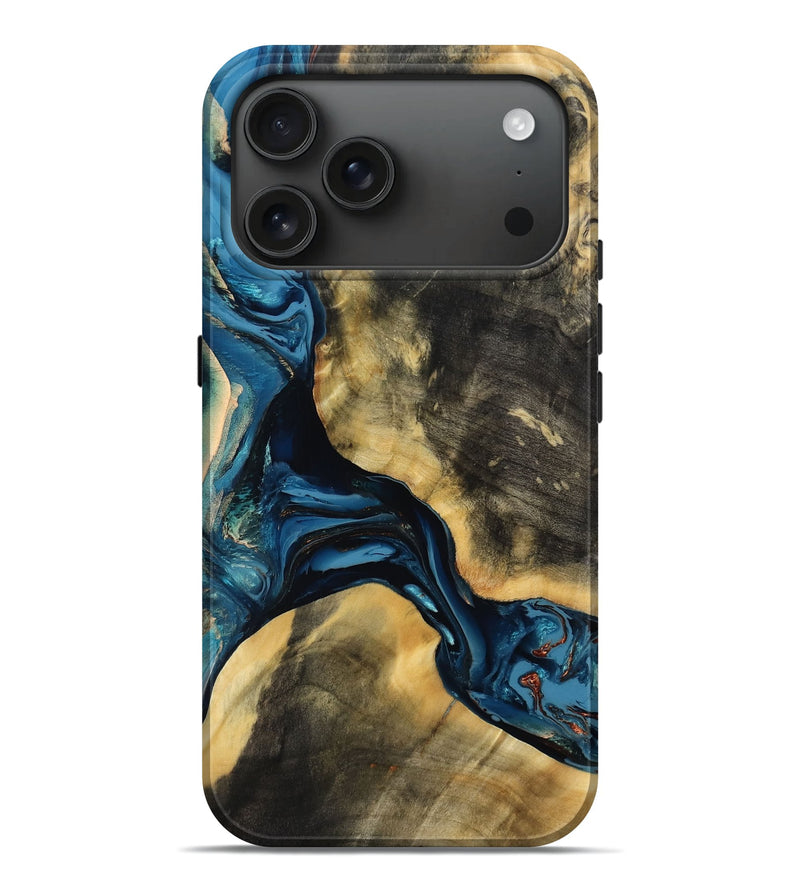 iPhone 17 Pro Max Wood Live Edge Phone Case - Mohamed (Teal & Gold, 780321)