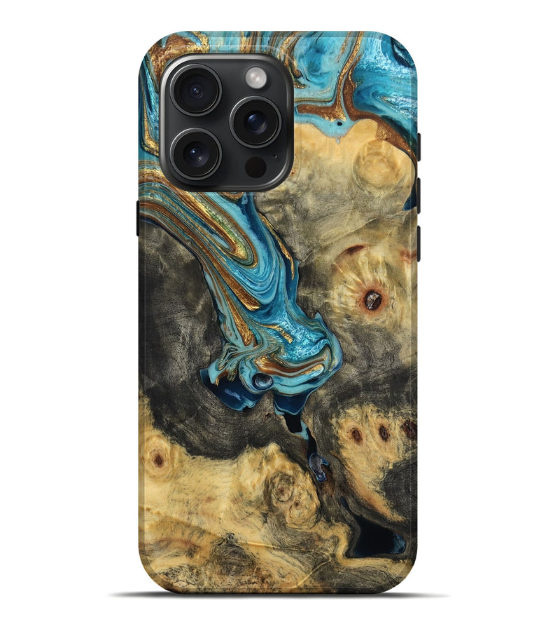 iPhone 16 Pro Max Wood Live Edge Phone Case - Jensen (Teal & Gold, 780322)