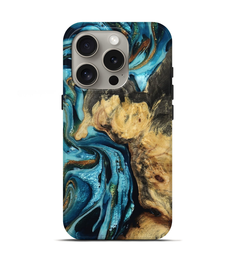 iPhone 16 Pro Wood Live Edge Phone Case - Cooper (Teal & Gold, 780326)