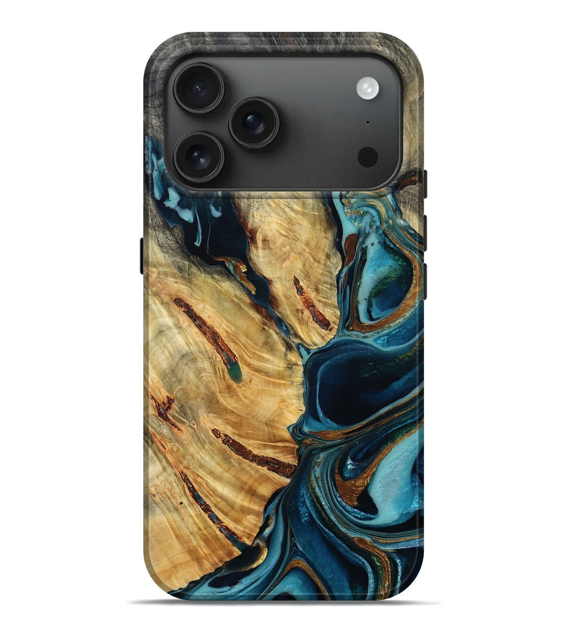 iPhone 17 Pro Max Wood Live Edge Phone Case - Shemar (Teal & Gold, 780327)